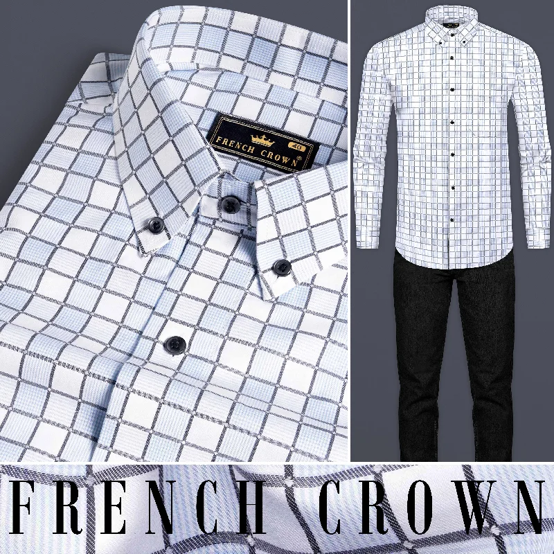 Structured Casualwear Bright White with Carolina Blue and Mobster Gray Checkered Dobby Premium Giza Cotton Shirt