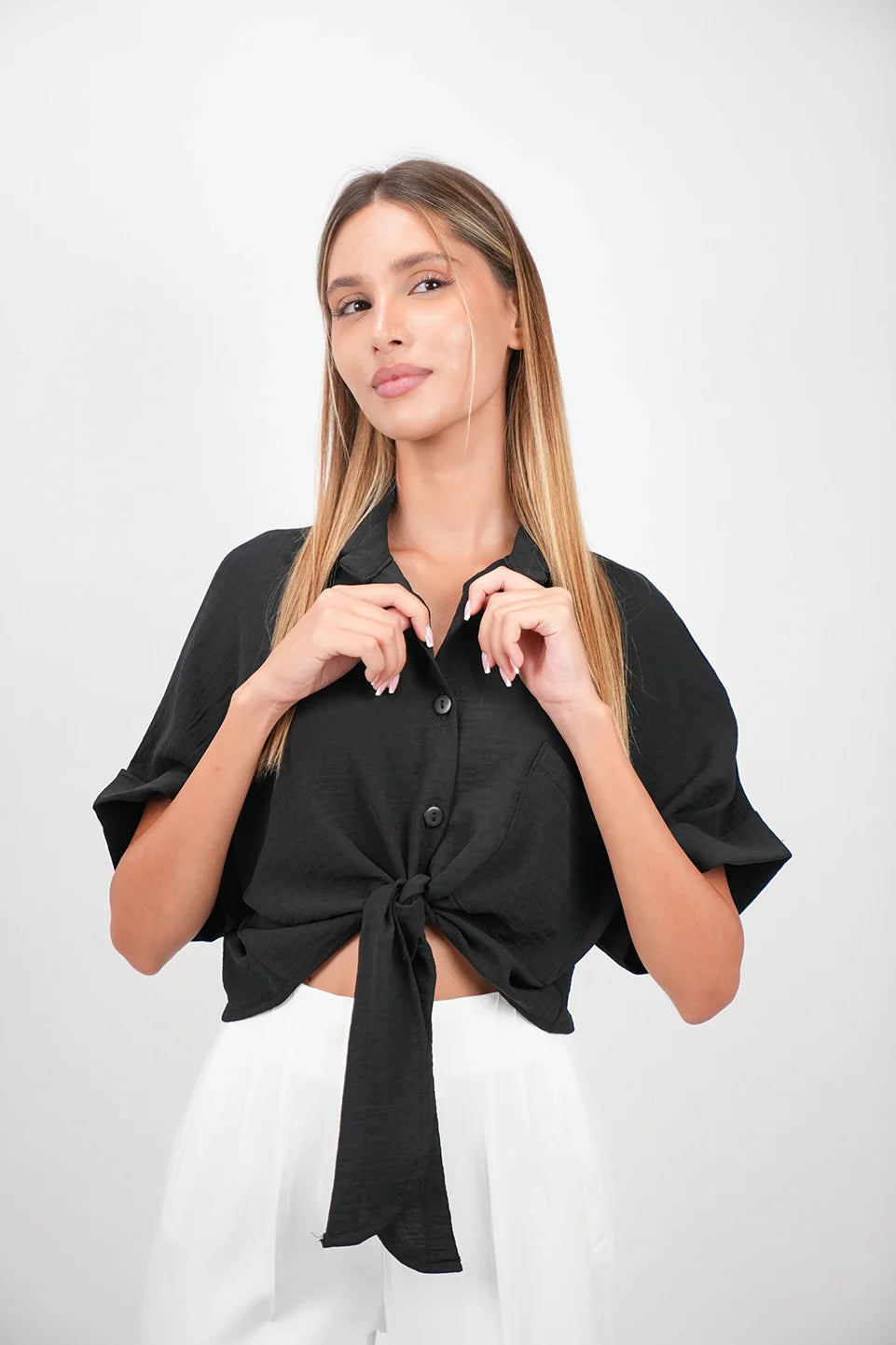 Fashionable Casualwear Black Crop Shirt With Tie Waist