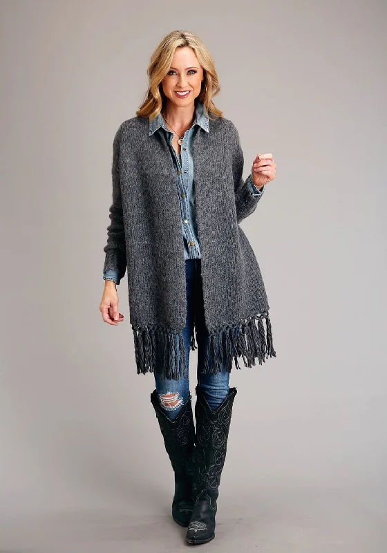 Sophisticated Monochrome Look Stetson Womens Heather Fringe Grey Wool Blend Cardigan Sweater