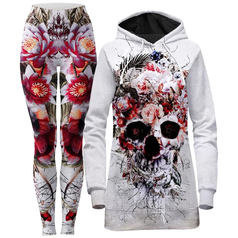 Sleek Monochrome Look Floral Skull Hoodie Dress and Leggings Combo