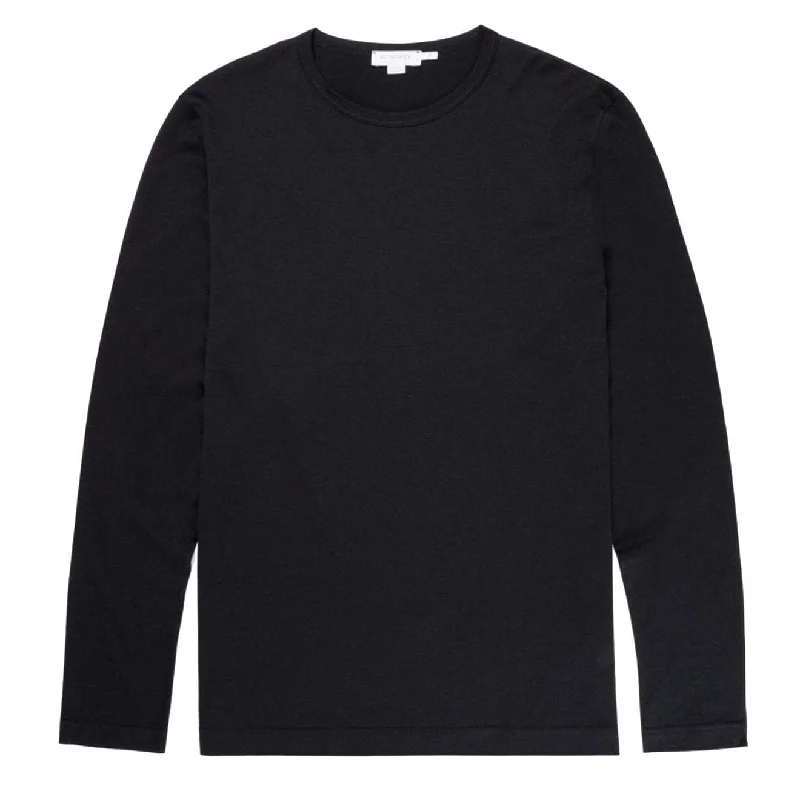 Casual Rugged Sunspel Long Sleeve Crew Neck T-Shirt Black