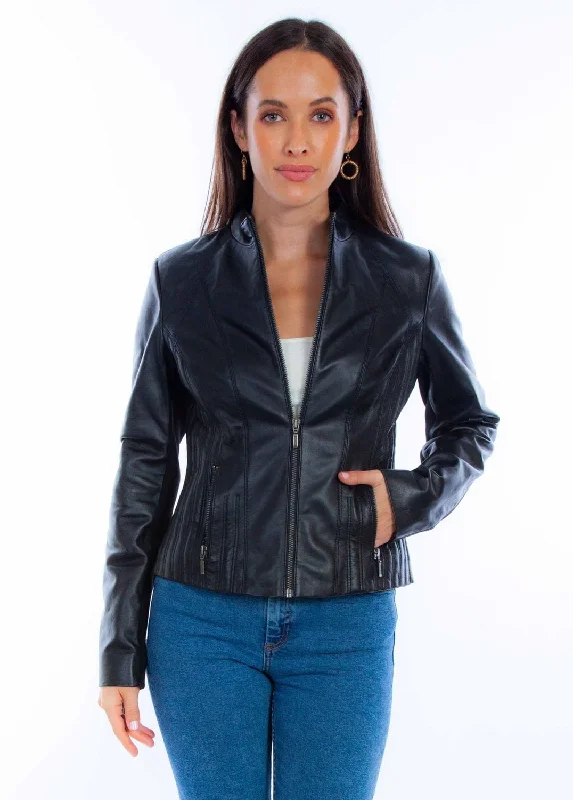 Retro Sportwear Scully Womens Ribbed Motorcycle Black Lamb Leather Leather Jacket