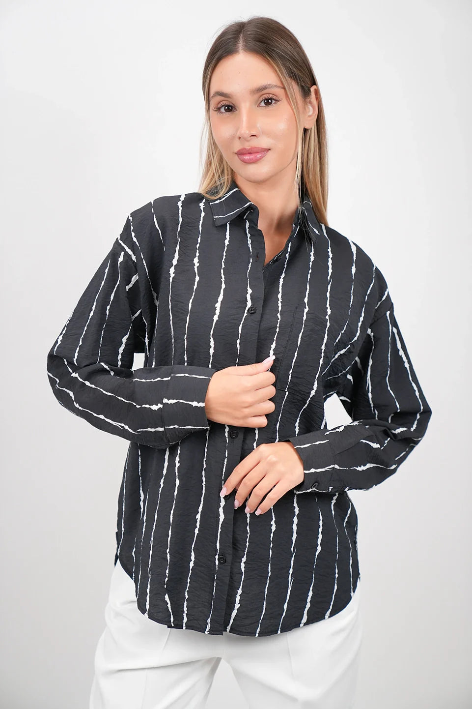 Minimalist Fit Look Long Sleeve Strip Black Shirt