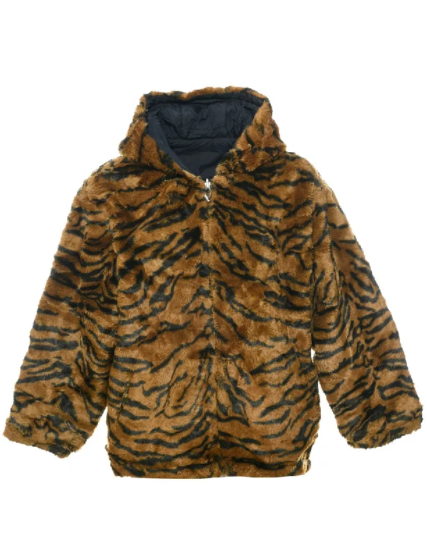 Sleek Edge Look Animal Print Faux Fur Jacket - L