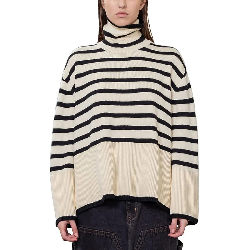 Tailored Outerwear Moon River Womens Striped Ribbed Trim Turtleneck Sweater