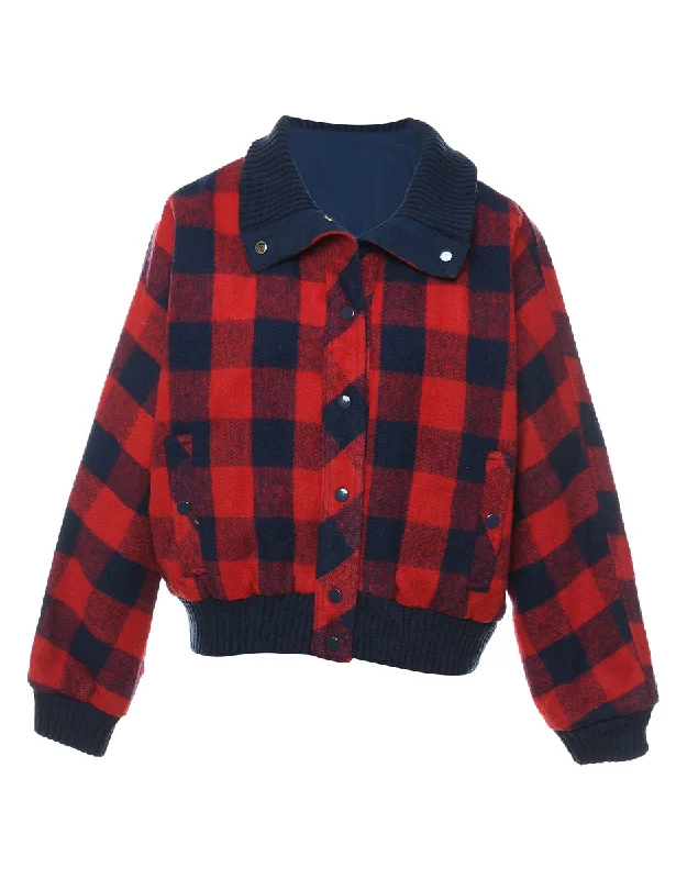 Sporty Street Look Checked Navy & Red Winter Wool Jacket - L