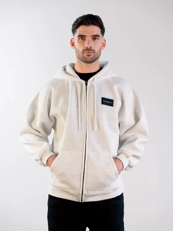 Neutral Fitwear Label Relaxed Full Zip Hoodie - Marl White