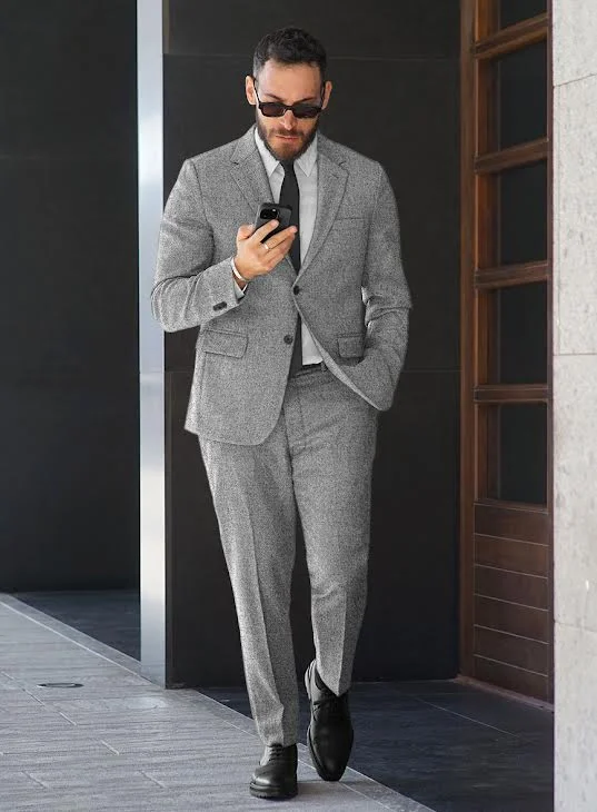 Sleek Tailored Vintage Plain Gray Tweed Suit