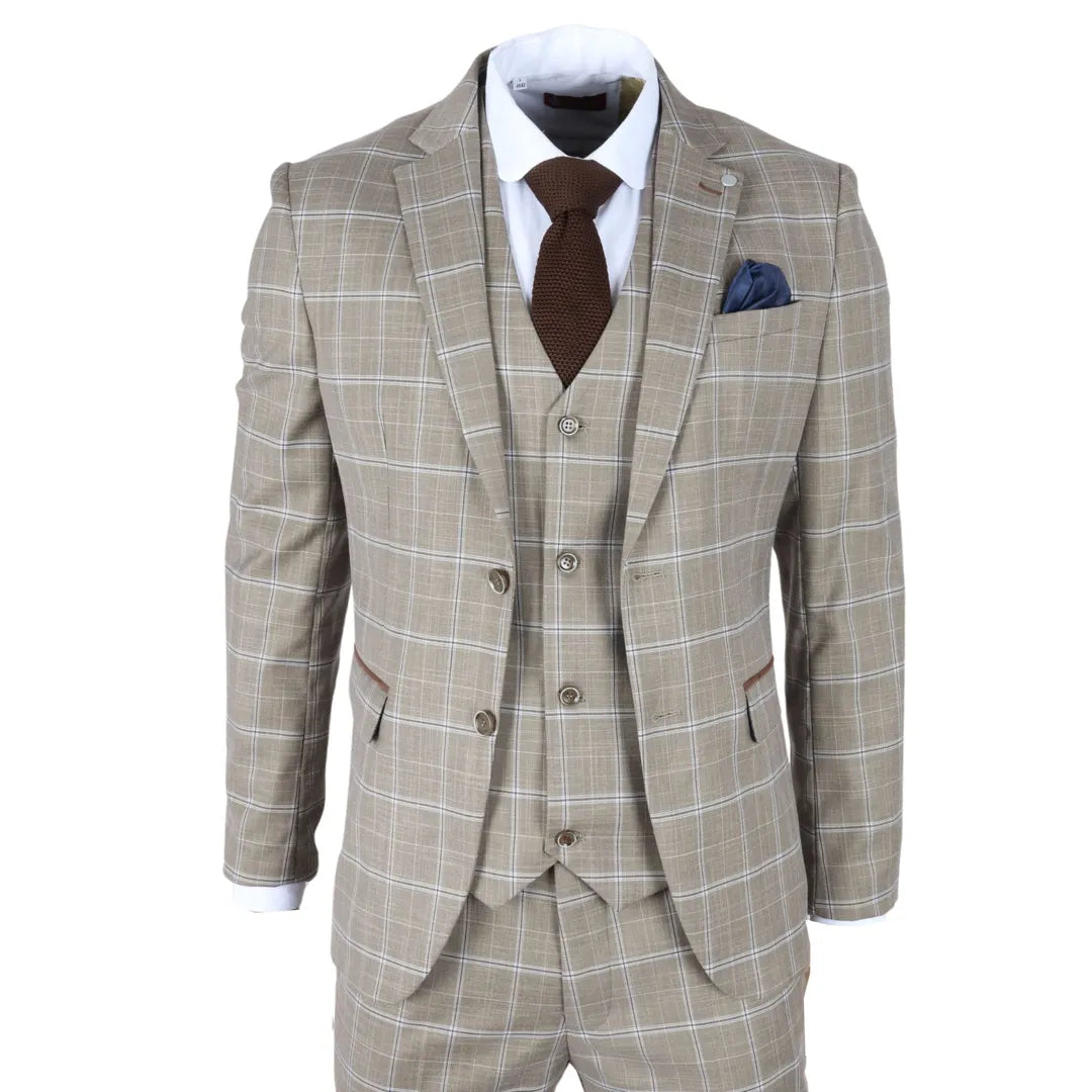 Relaxed Classic Look Hode - Men's Brown Checked Plaid Tailored Fit 3 Piece Suit