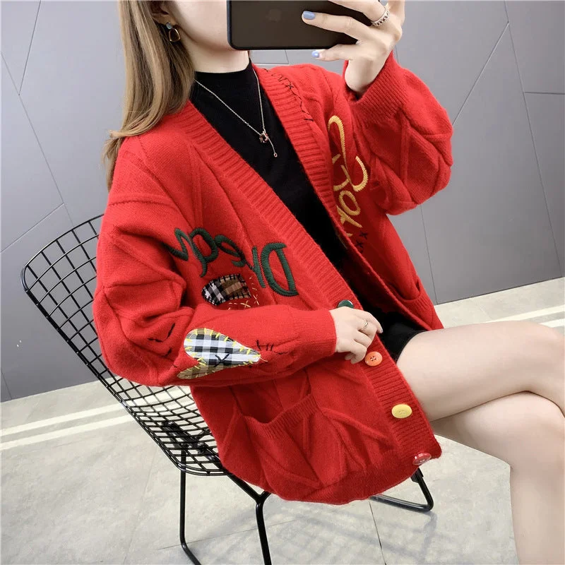 Smart Sport Look Cute Comfort Embroidered Patch Work Oversized Cardigan