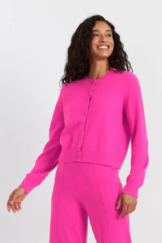 Urban Weekend Look Fuchsia Wool-Cashmere Crew Neck Cardigan