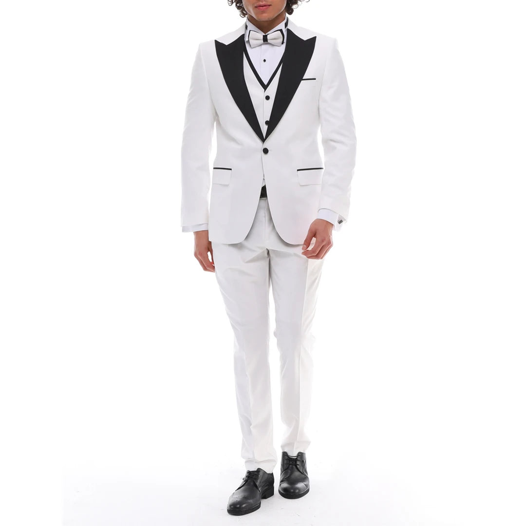 Urban Pastels SP2302 - Men's 3 Piece Dinner Suit Wedding Prom Tuxedo Black Tie White Black Classic Bond