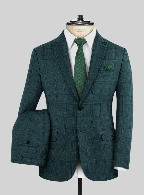 Soft Statement London Loom Green Check Wool Silk Linen Suit