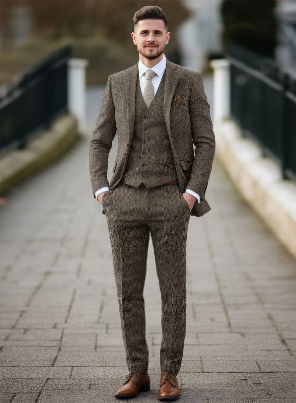 High-End Fit Vintage Dark Brown Herringbone Tweed Suit