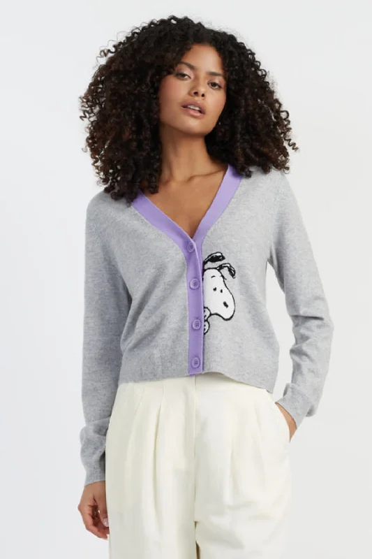 Sophisticated Monochrome Look Light-Grey Wool-Cashmere Snoopy Cardigan