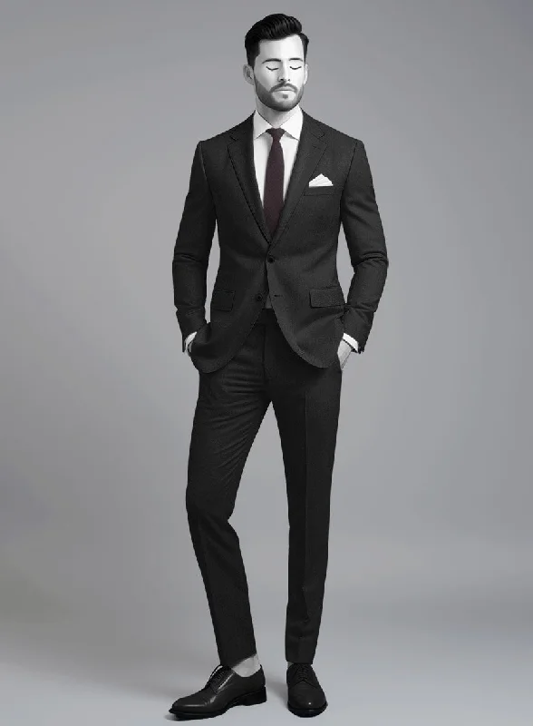 Casual Rugged Napolean Cavalry Twill Black Wool Suit