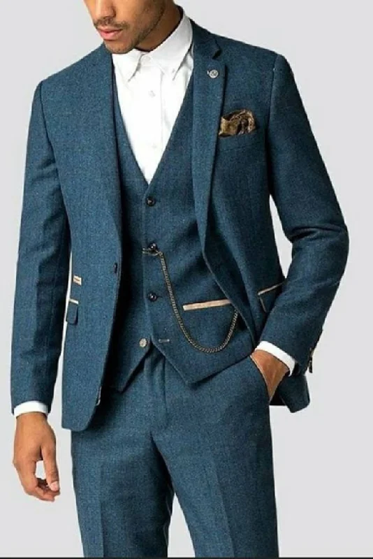 Sporty Street Look Men 3 Piece Slim Fit Suit Blue Tweed Wedding Suit, Dinner Suit, Party Suit Bespoke Tailoring