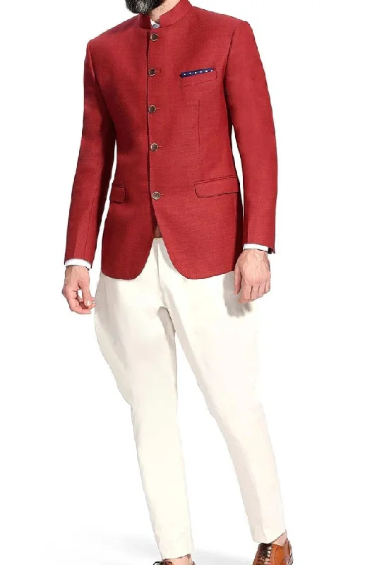 Cozy Fitwear Jodhpuri Indian Wedding Suit Bandhgala Red Suit Off White Trouser Sangeet Mehendi Cotton Blazer Outfit Bespoke