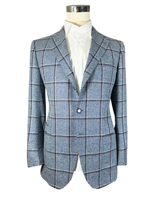 Relaxed Fit Look Cesare Attolini Sport Coat Blue Windowpane Wool Silk EU 50/ US 40