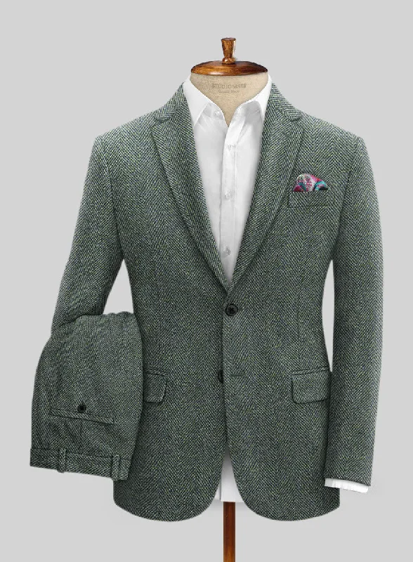 Simplified Casual Look Harris Tweed Wide Herringbone Green Suit