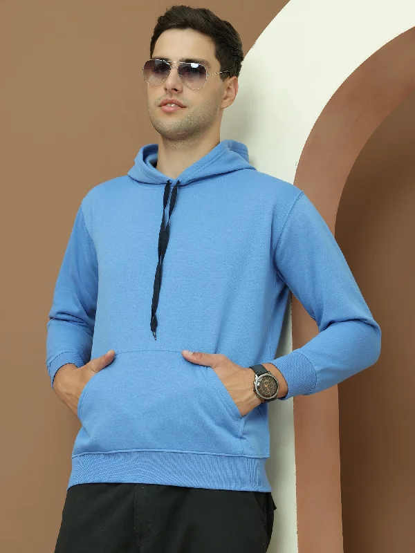 Earthy Casual Mack Jonney Regular Fit Blue Solid Hoodie For Men