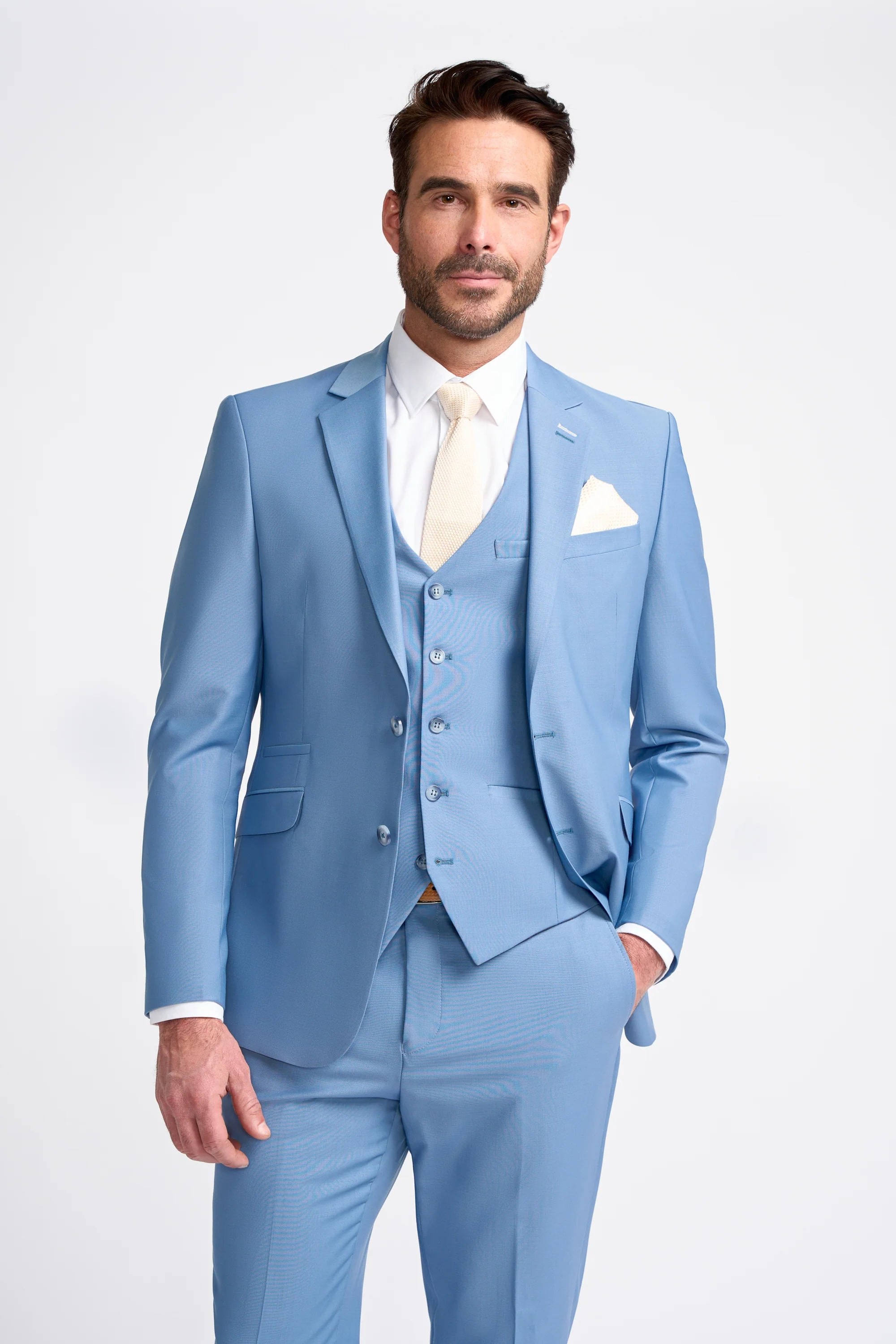 Chic Outerwear Look Bond - Men's Sky Blue 3 Piece Tailored Fit Suit