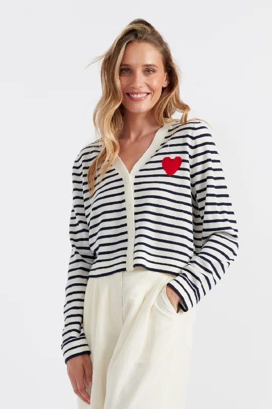 Contemporary Sporty Cream-Navy Merino Heart Breton Cardigan