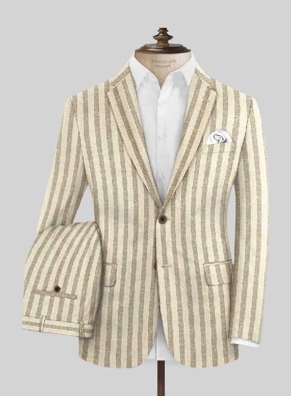 Contemporary Patterns Look Noble Cream Stripe Wool Silk Linen Suit