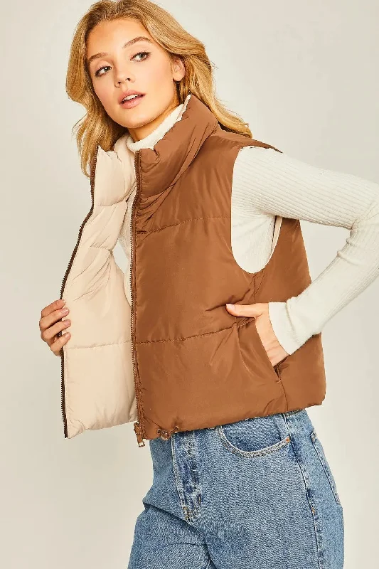 Relaxed Classic Look Love Tree Zip Up Cropped Contrast Reversible Vest