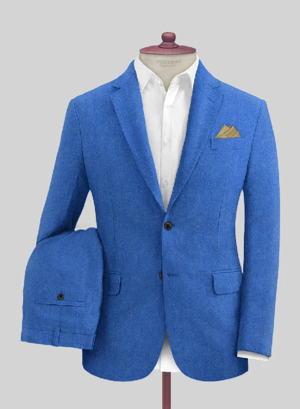 Cozy Chic Look Italian Prato Electric Blue Herringbone Linen Suit