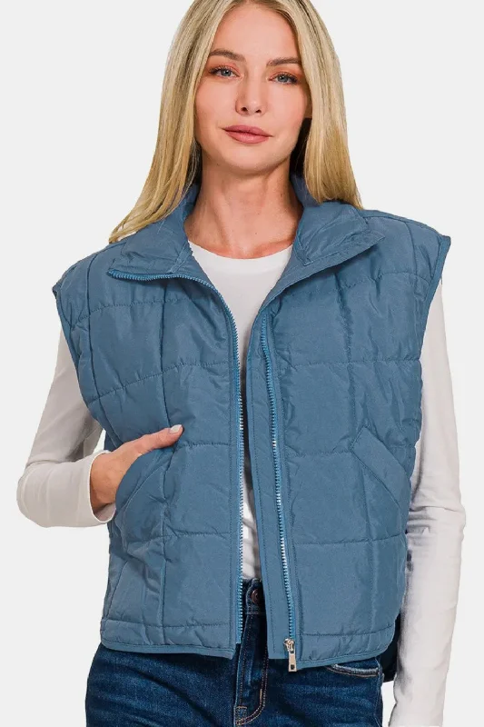 Fashionable Fit Look Zenana Zip Up Cropped Puffer Vest With Pockets