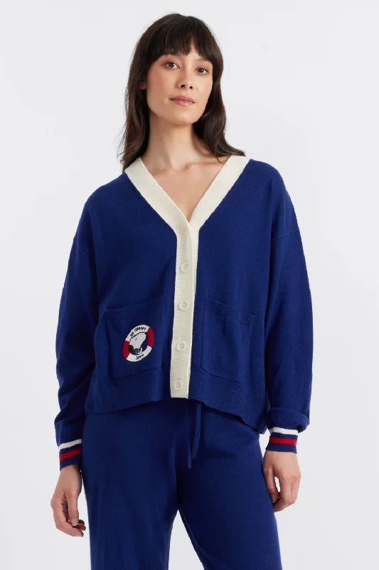 Modern Fit Look Blue Wool-Cashmere Snoopy Nautical Cardigan