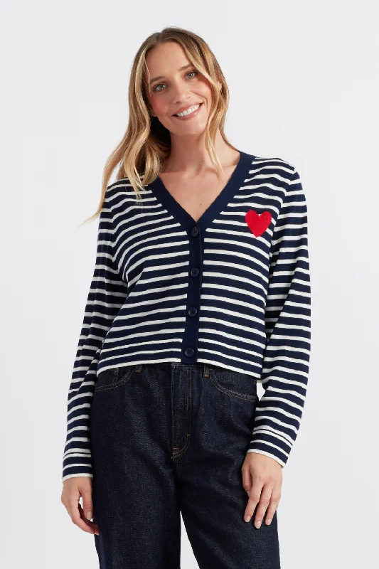 Urban Pastels Navy-Cream Merino Heart Breton Cardigan