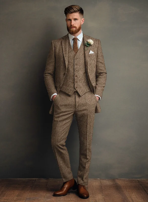 Elevated Edge Look Irish Brown Herringbone Tweed Suit