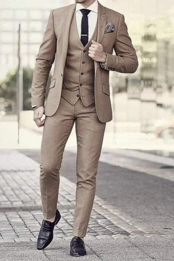 Classic Tailored Look Men Three Piece Suit Golden Brown Slim Fit Suit Wedding Suit, Dinner Suit Party Suit Bespoke Tailoring