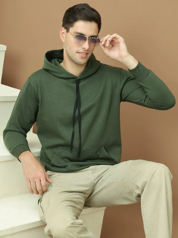 Soft Sport Look Mack Jonney Regular Fit Green Solid Hoodie For Men