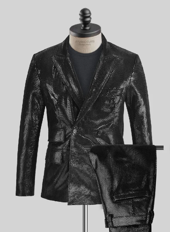 Simplistic Monochrome Snake Embossed Black Double Breasted Leather Suit