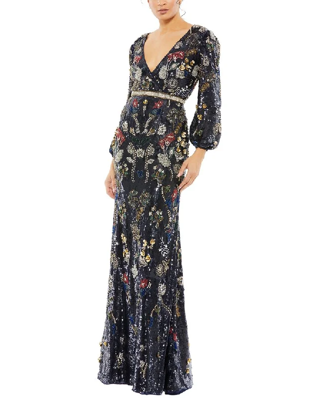 Mac Duggal Embellished Wrap Over Bishop Sleeve Gown