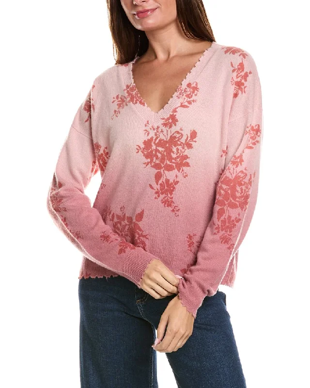 Minnie Rose V-Neck Floral Dip-Dye Frayed Edge Cashmere Sweater