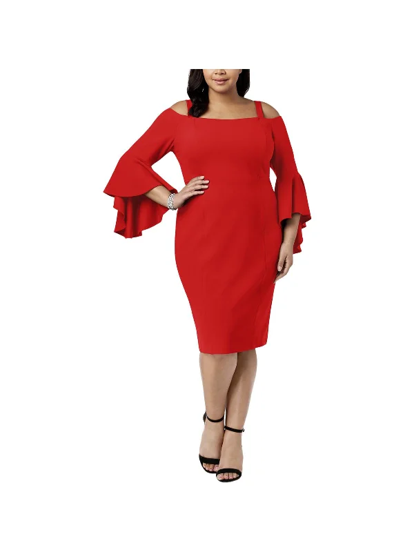 Plus Womens Off-The-Shoulder Bell Sleeves Cocktail Dress