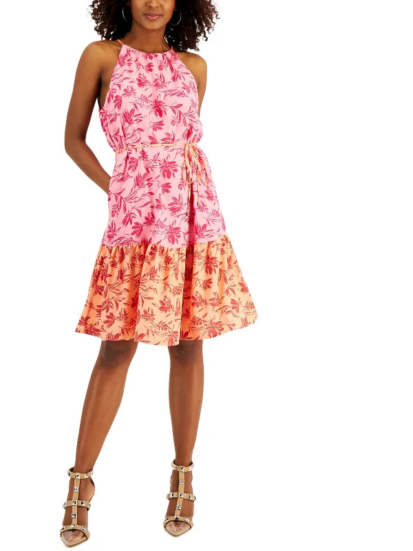 Womens Floral A-Line Halter Dress