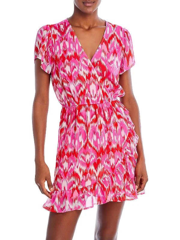 Sleek Monochrome Look Ikat Womens Ruffled Mini Wrap Dress