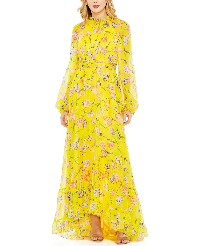 Contemporary Sport Look Mac Duggal Floral Print Chiffon Ruched Raglan Sleeve Gown