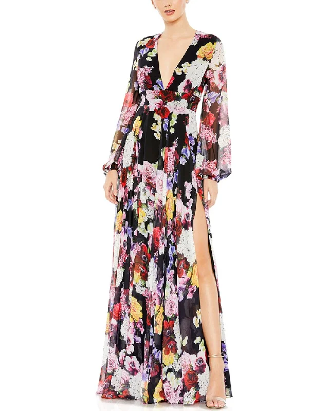 Relaxed Edge Look Mac Duggal Floral Print Illusion V Neck Gown