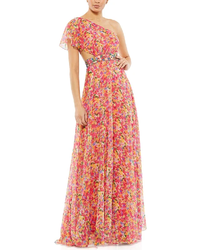 Relaxed Outerwear Mac Duggal Floral Print One Shoulder Butterfly Sleeve A-Line