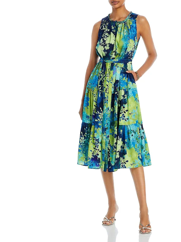 Smart Sport Look Nancy Womens Floral Print Midi Fit & Flare Dress