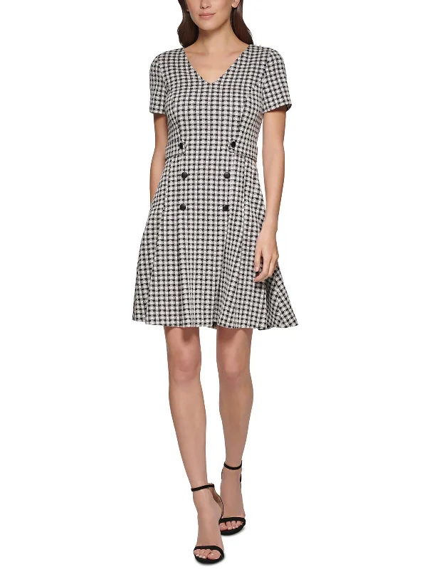 Stylish Comfort Petites Womens Checkered Gingham Fit & Flare Dress