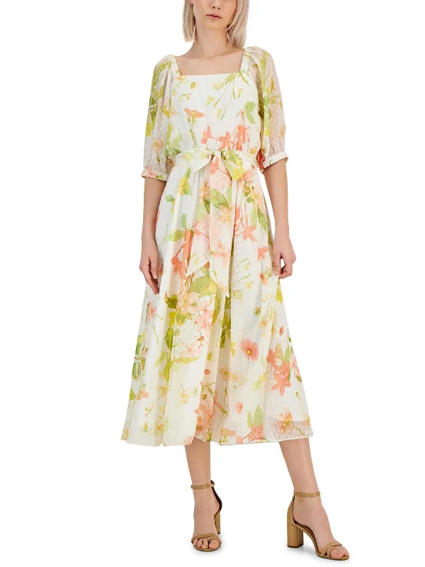 Simplified Sportwear Womens Floral Print Chiffon Midi Dress