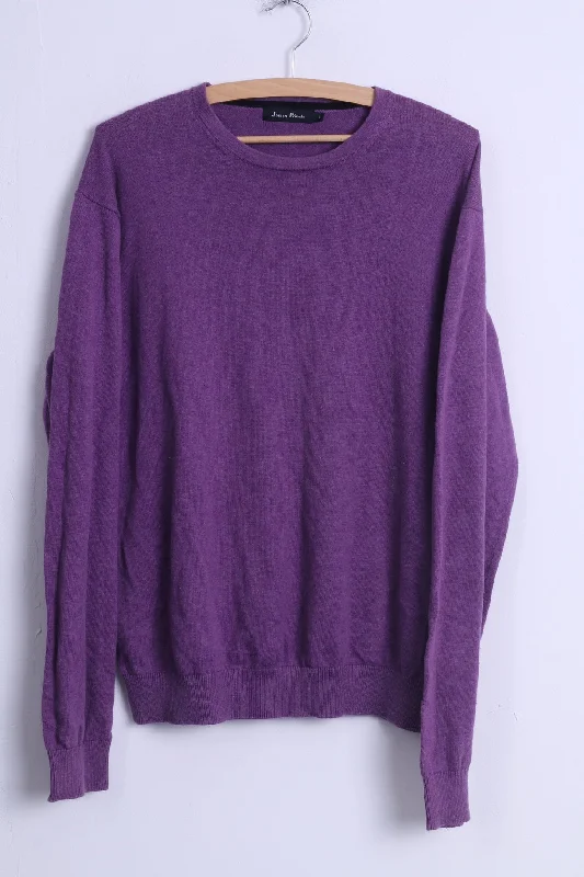 James Pringle Mens L Jumper Purple Crew Neck Cotton Plain Stretch Sweater