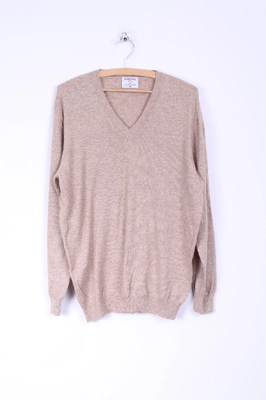 T.M. Lewin Mens M Jumper Beige Cotton Cashmere Blend V Neck Sweater